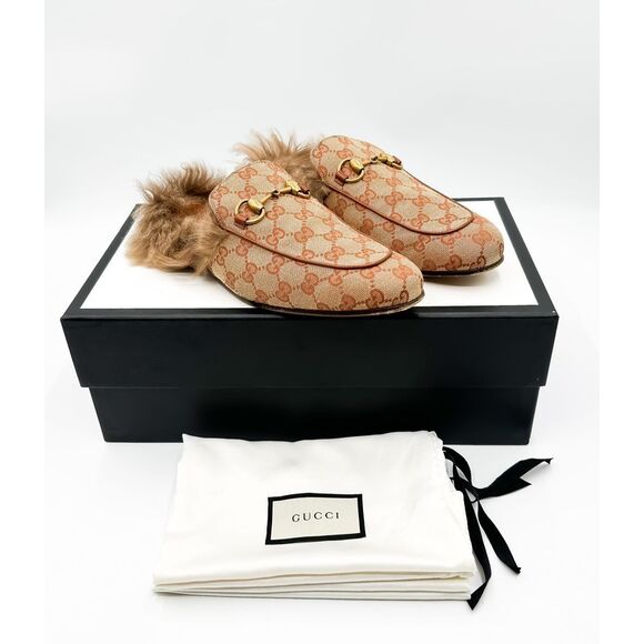 Gucci Princetown Fur Mule Tan GG Canvas Horsebit Flat Loafer - Picture 1 of 11